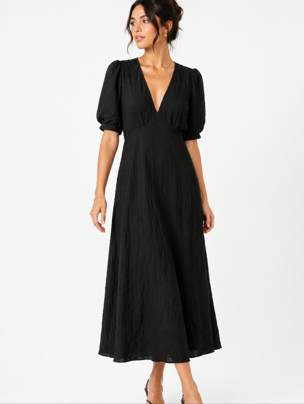 a new day Black V-Neck Puff Sleeve Maxi Dress